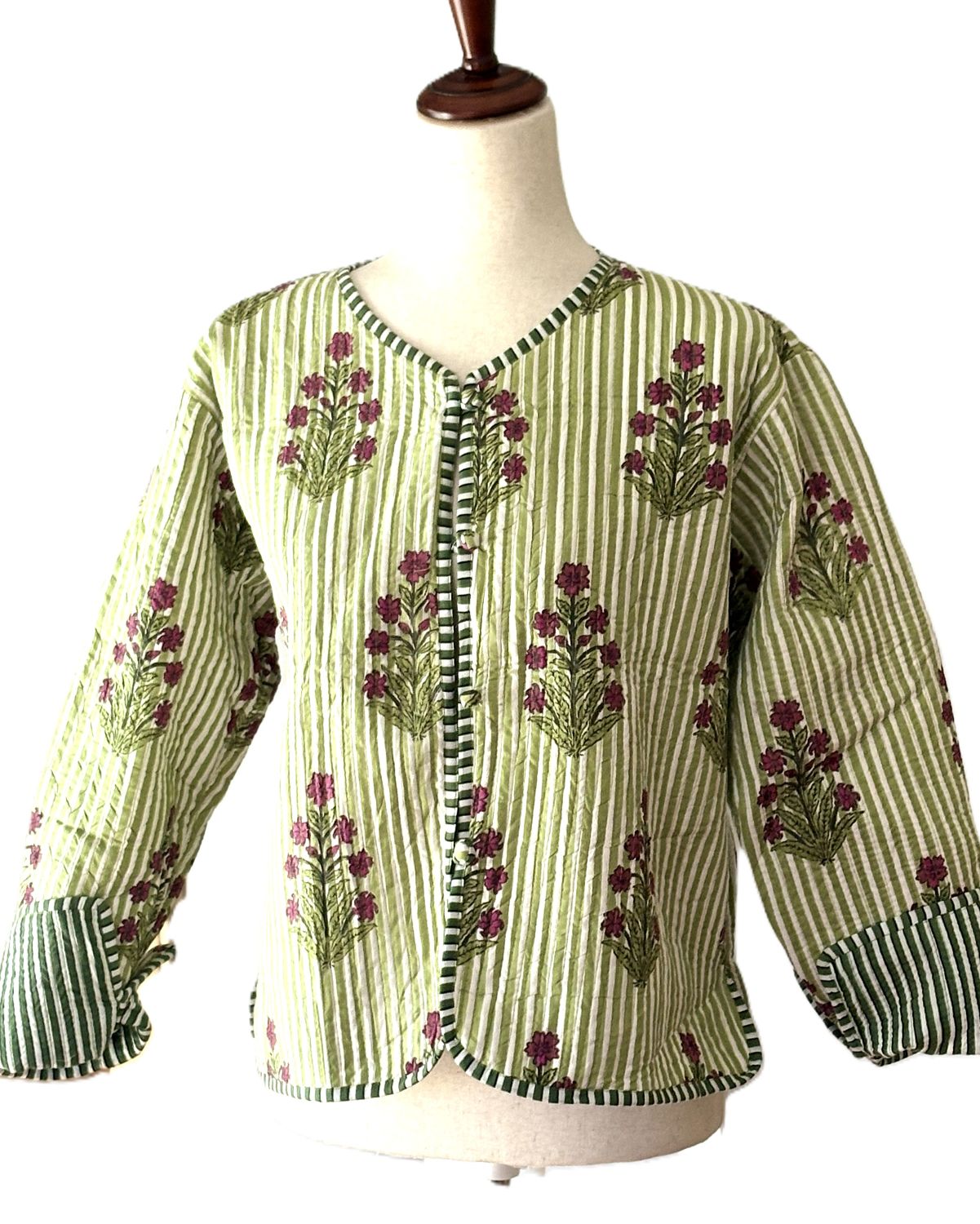Reversible Quilted Cotton Jacket: Handmade Striped Floral Print Blazer. (Green)