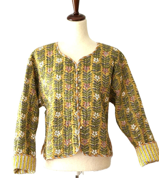 Reversible Quilted Cotton Jacket: Handmade Striped Floral Print Blazer.