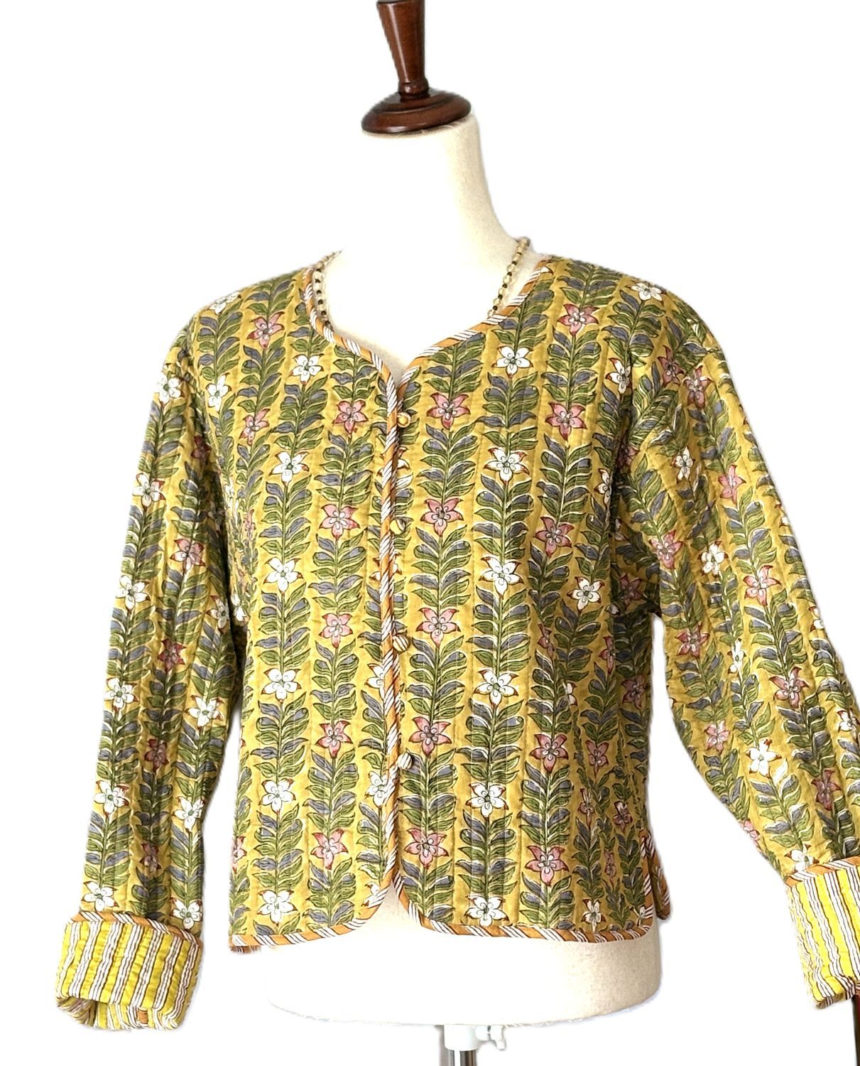 Reversible Quilted Cotton Jacket: Handmade Striped Floral Print Blazer.