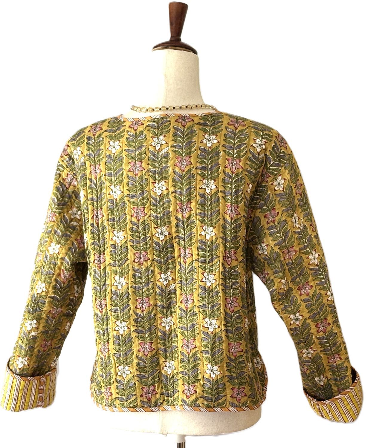 Reversible Quilted Cotton Jacket: Handmade Striped Floral Print Blazer.
