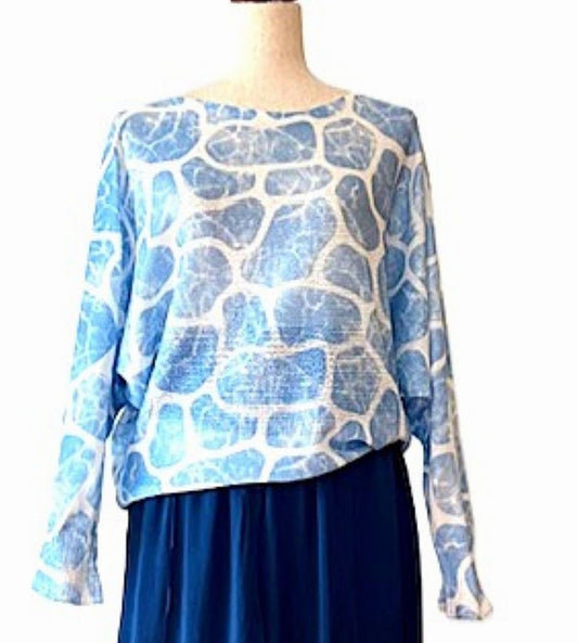Italian Knit Sweater, Soft Abstract Print In Aqua.