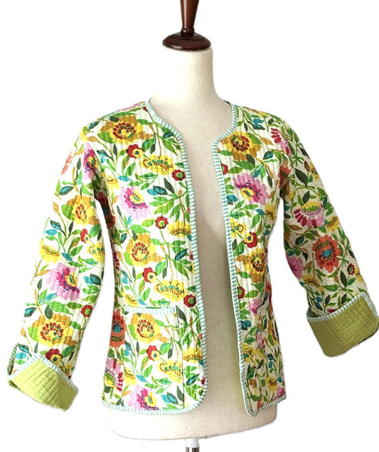Reversible Quilted Cotton Jacket: Handmade Striped Floral Print Blazer.