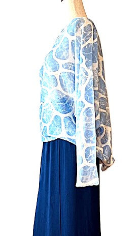 Italian Knit Sweater, Soft Abstract Print In Aqua.