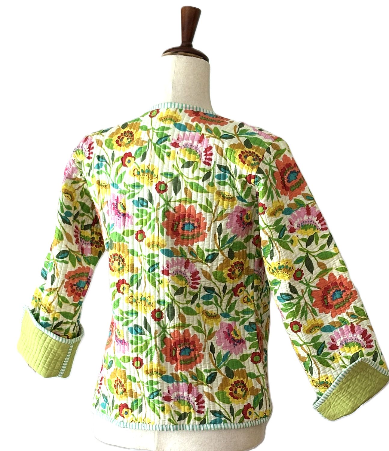 Reversible Quilted Cotton Jacket: Handmade Striped Floral Print Blazer.