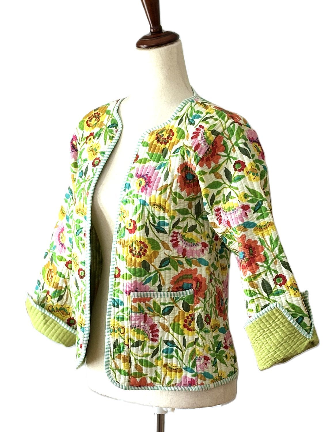 Reversible Quilted Cotton Jacket: Handmade Striped Floral Print Blazer.