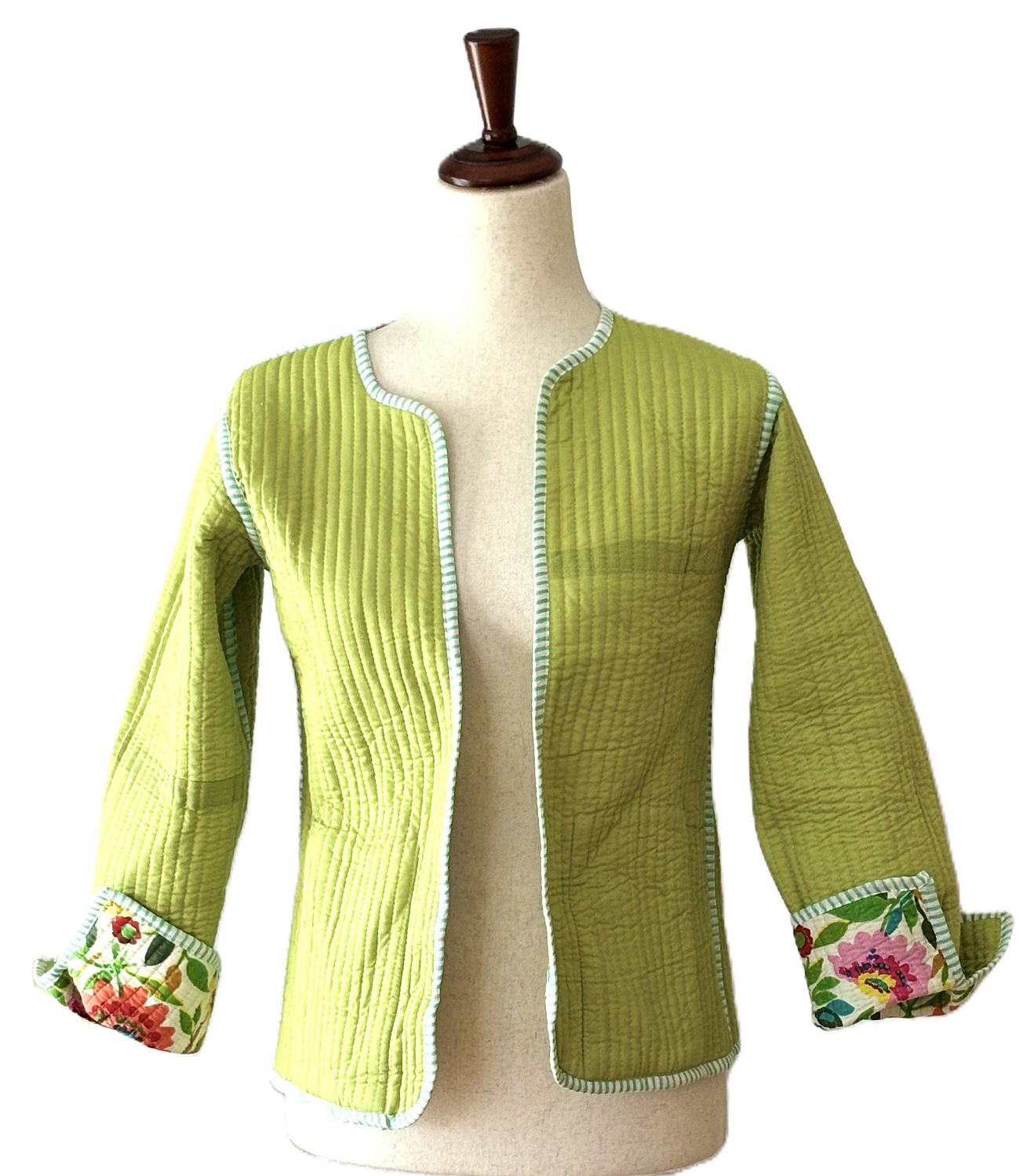 Reversible Quilted Cotton Jacket: Handmade Striped Floral Print Blazer.