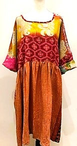 Artisan Kantha Quilt Float Dress. Comfortable and Very Chic (Pink/Yellow)