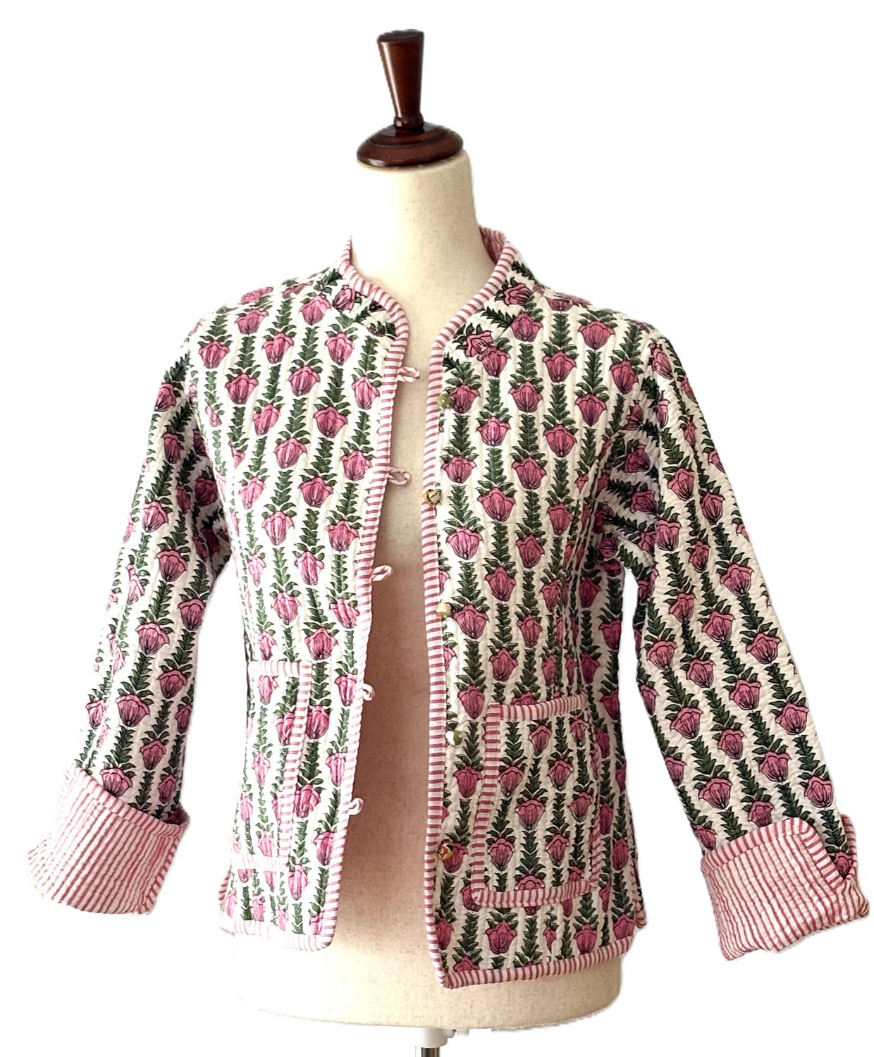 Reversible Quilted Cotton Jacket: Handmade Striped Floral Print Blazer.