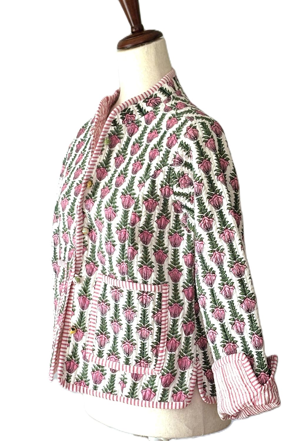 Reversible Quilted Cotton Jacket: Handmade Striped Floral Print Blazer.