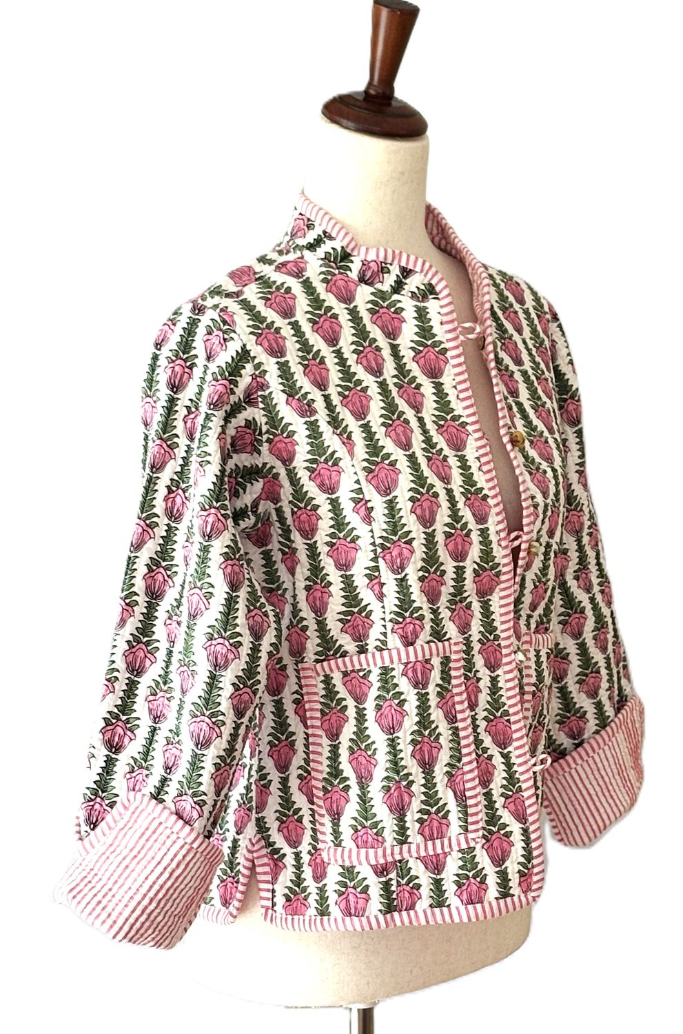 Reversible Quilted Cotton Jacket: Handmade Striped Floral Print Blazer.