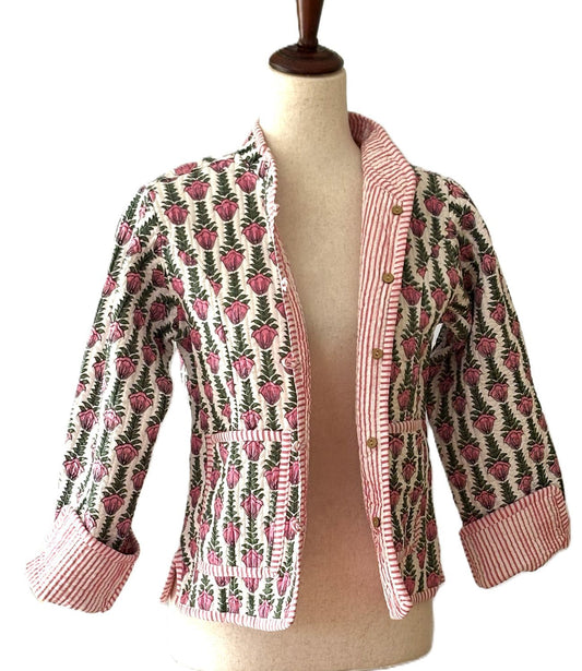 Reversible Quilted Cotton Jacket: Handmade Striped Floral Print Blazer.