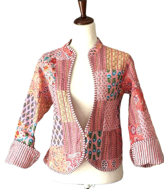 Reversible Cotton Quilted Womens Jacket With Stripe Piping. New Print (Pink)
