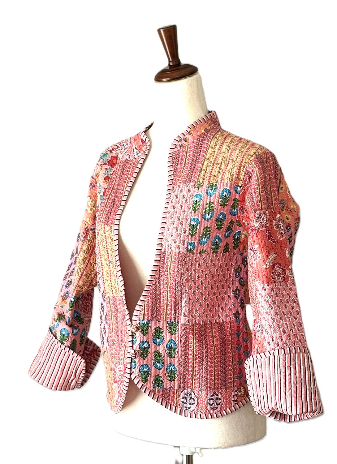 Reversible Cotton Quilted Womens Jacket With Stripe Piping. New Print (Pink)
