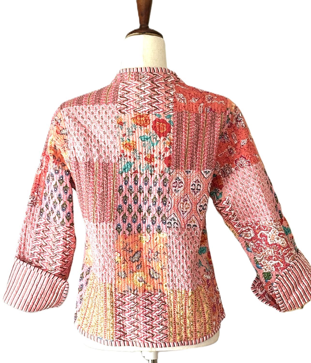 Reversible Cotton Quilted Womens Jacket With Stripe Piping. New Print (Pink)