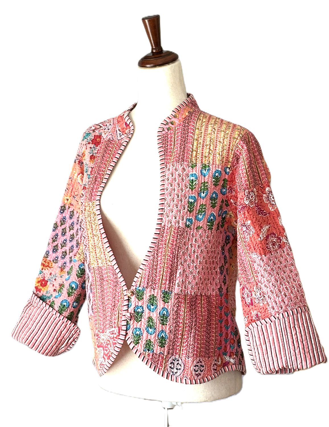 Reversible Cotton Quilted Womens Jacket With Stripe Piping. New Print (Pink)