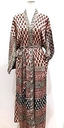 Luxurious Complicated Mixed Print Silk Kimono Duster in Cream/Black/Wine