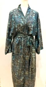 Luxurious Muted Floral Silk Kimono Duster in Soft Grey/Aqua/Seafoam