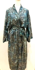 Luxurious Muted Floral Silk Kimono Duster in Soft Grey/Aqua/Seafoam