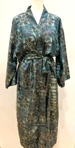 Luxurious Muted Floral Silk Kimono Duster in Soft Grey/Aqua/Seafoam