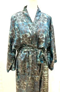 Luxurious Muted Floral Silk Kimono Duster in Soft Grey/Aqua/Seafoam