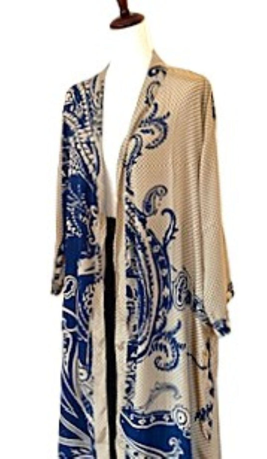 Top of the Line Silk Kimono Duster,  Rich Contrasting Print With Engineered Border (Beige)