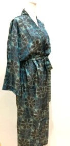 Luxurious Muted Floral Silk Kimono Duster in Soft Grey/Aqua/Seafoam