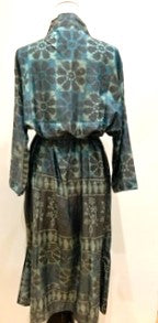 Luxurious Muted Floral Silk Kimono Duster in Soft Grey/Aqua/Seafoam