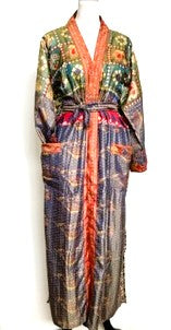 Silk Kimono Duster In a Water Color Print (Orange/Green)