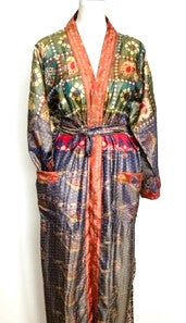 Silk Kimono Duster In a Water Color Print (Orange/Green)