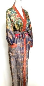 Silk Kimono Duster In a Water Color Print (Orange/Green)