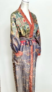 Silk Kimono Duster In a Water Color Print (Orange/Green)