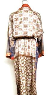 Silk Kimono Duster In a Water Color Print (Orange/Green)