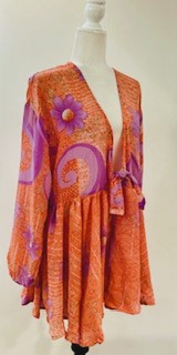 Shortie Front Tie Kimono Top In Silk. The Perfect Topper  (Orange)