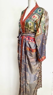 Silk Kimono Duster In a Water Color Print (Orange/Green)