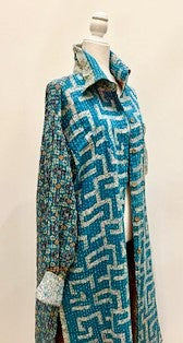 Long Kantha Button Down Jacket With Collar Looks Sharp (Blue White)