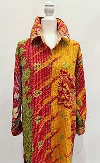 Long Kantha Button Down Jacket With Collar Looks Sharp (Red Gold)