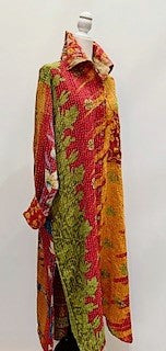 Long Kantha Button Down Jacket With Collar Looks Sharp (Red Gold)