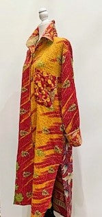 Long Kantha Button Down Jacket With Collar Looks Sharp (Red Gold)