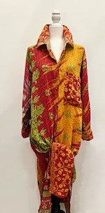 Long Kantha Button Down Jacket With Collar Looks Sharp (Red Gold)