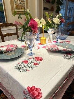 Set of White Linens With Bright Pink Petals Adorns The Table. (6 napkins/cloth)