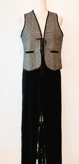 Smart, Tailored Small Check Fashion Vest With Piping and Tie. Black and Gray