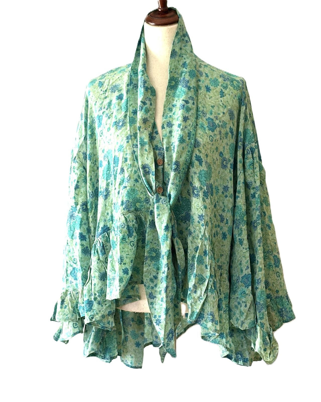 Kantha Bae Crepe Sari Wid Rose Romantic Top  (Aqua)