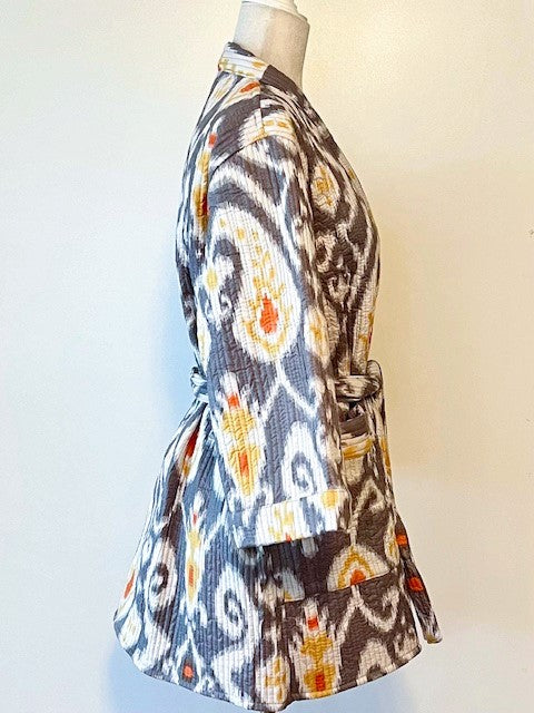 Lively Short Designer Wrap Jacket. Ikat Print And Fully Reversible . (Gray)