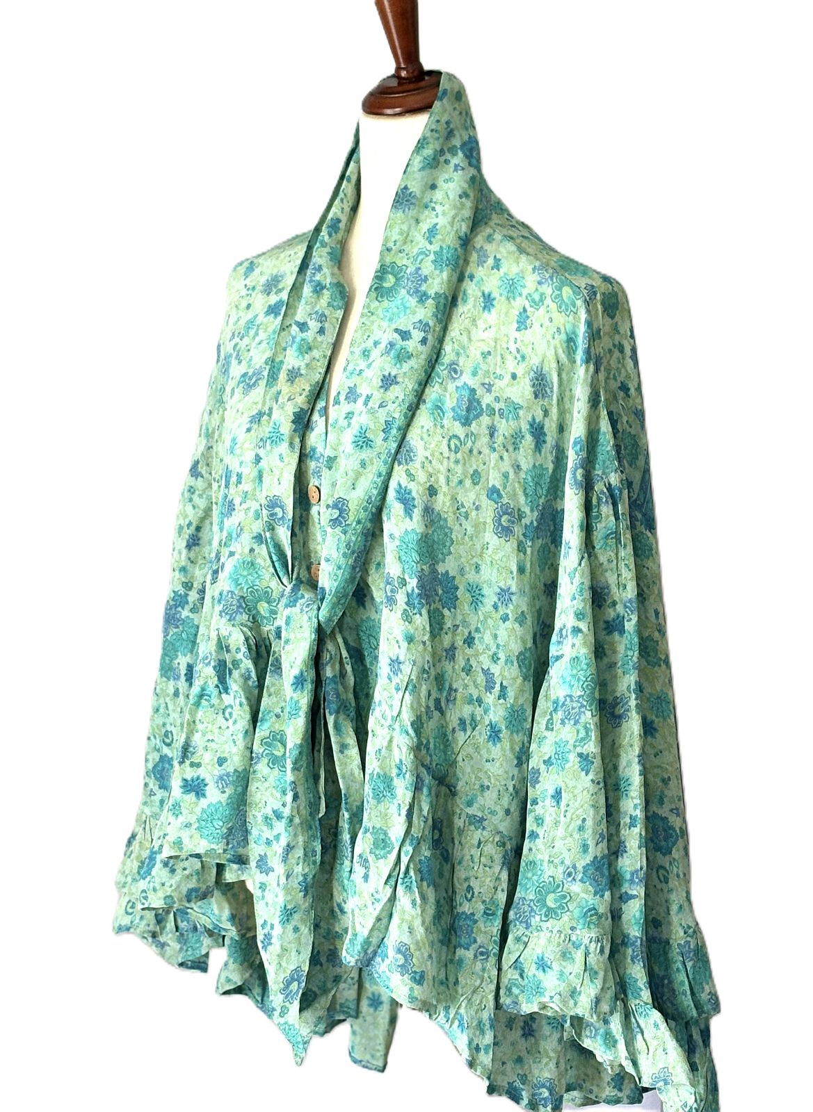 Kantha Bae Crepe Sari Wid Rose Romantic Top  (Aqua)