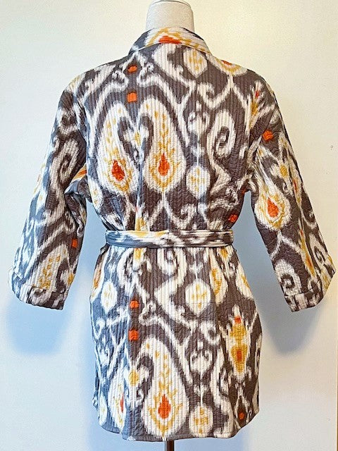 Lively Short Designer Wrap Jacket. Ikat Print And Fully Reversible . (Gray)