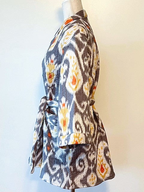 Lively Short Designer Wrap Jacket. Ikat Print And Fully Reversible . (Gray)