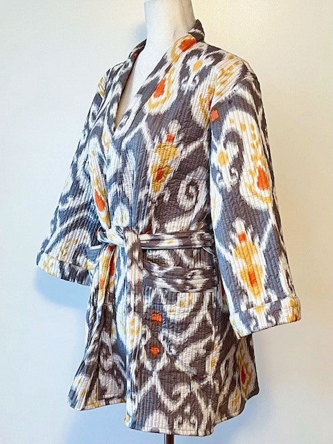 Lively Short Designer Wrap Jacket. Ikat Print And Fully Reversible . (Gray)