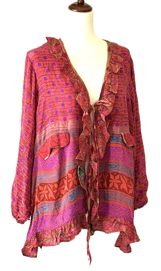 Kantha Bae Crepe Sari Ruffle Daisy Blouse (Fuschia)