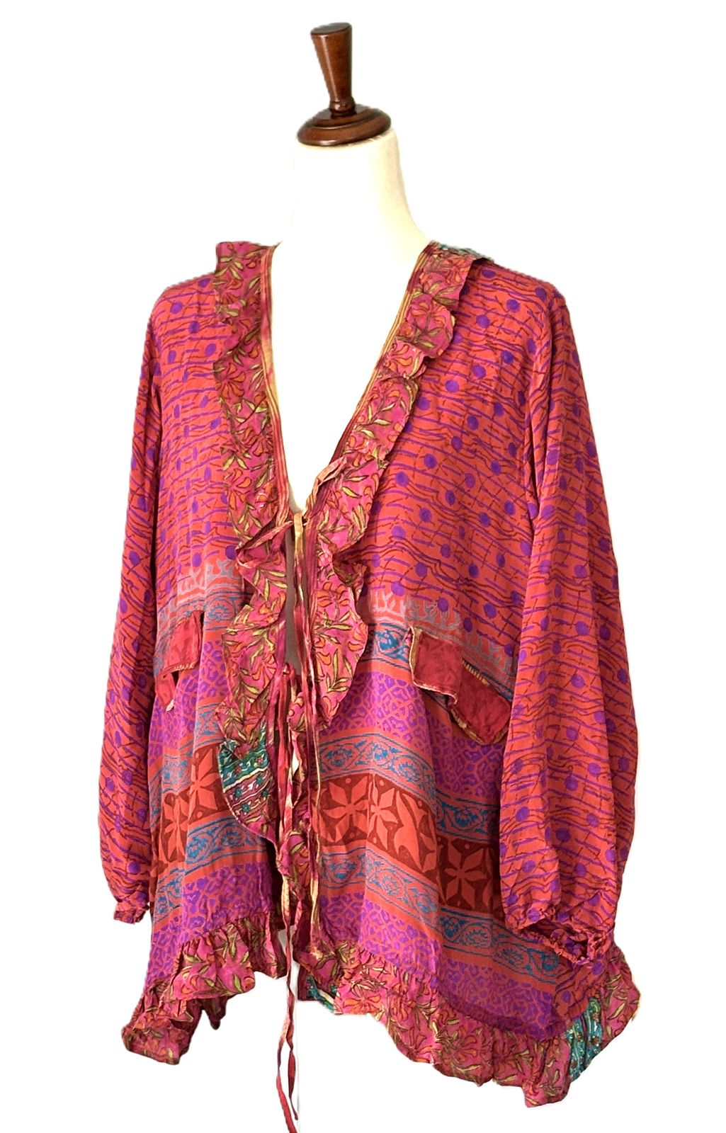 Kantha Bae Crepe Sari Ruffle Daisy Blouse (Fuschia)