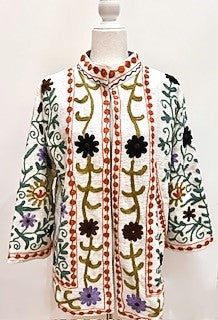 Short Box Cut Suzani Hand Embroidered Jacket Welcomes Spring (Cream)